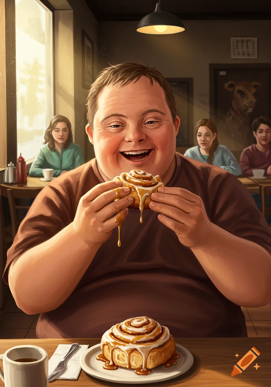 A smiling man with Down syndrome happily eats a gooey cinnamon bun in a diner, with a second bun on the table.