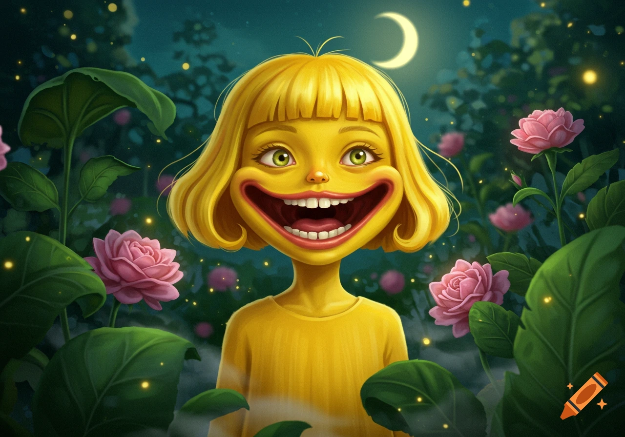 A stylized yellow girl with a huge, open mouth smiles widely in a mystical garden at night, with pink roses and a crescent moon.