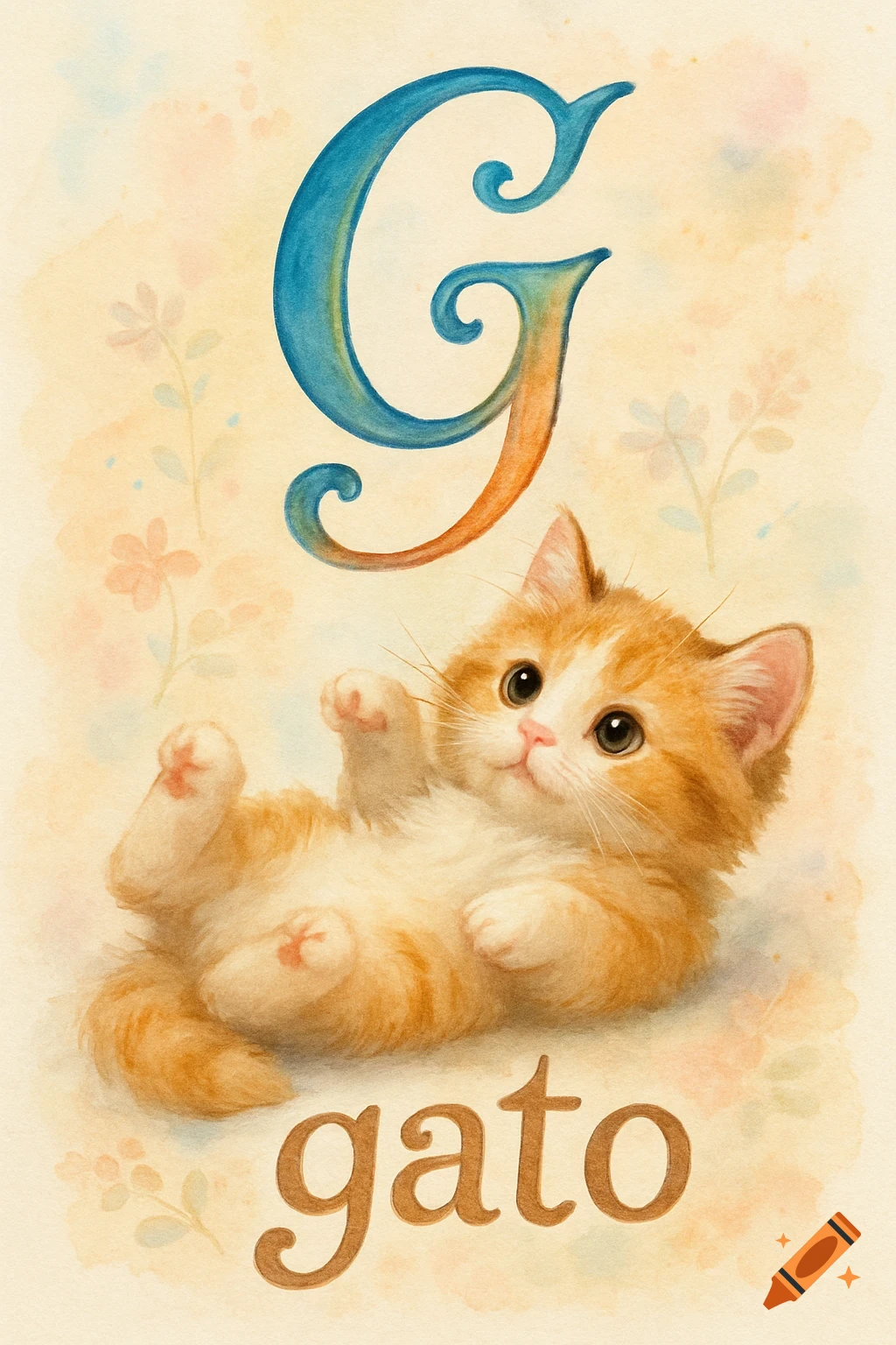 A cute ginger and white kitten lies on its back under a large blue and orange letter 'G' and the word 'gato' in a watercolor style.
