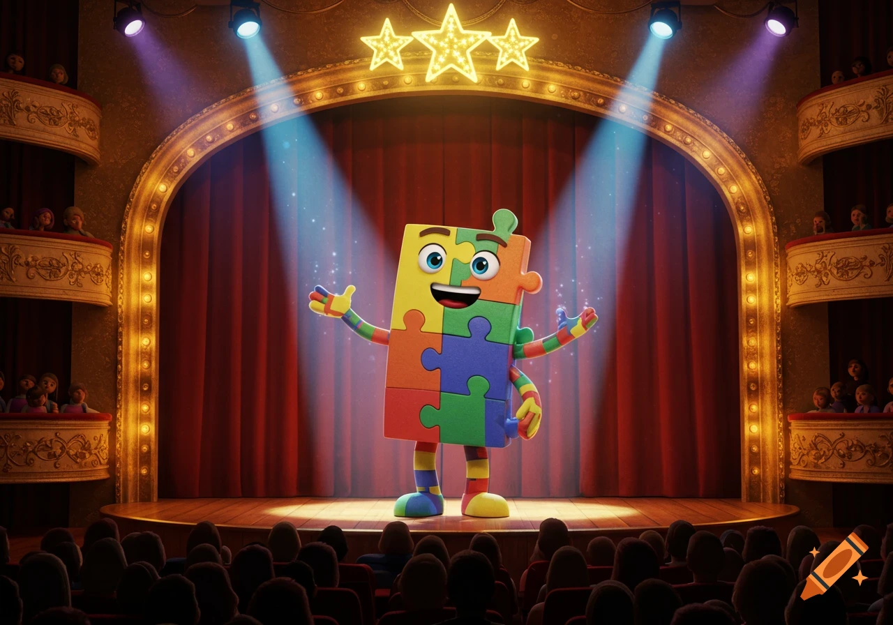 A colorful puzzle piece character with a big smile stands on a brightly lit theater stage, facing an audience. Cartoon style.
