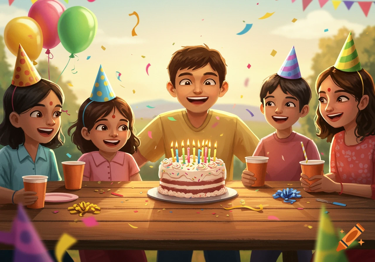 Five happy children with party hats gathered around a birthday cake with lit candles, celebrating outdoors with balloons and confetti in a colorful cartoon style.