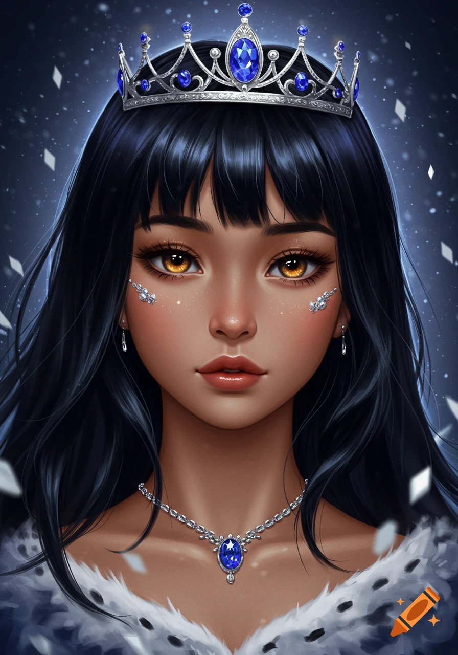 Digital painting of a beautiful dark-haired princess with a jeweled crown, a sapphire necklace, and sparkling accents on her face.