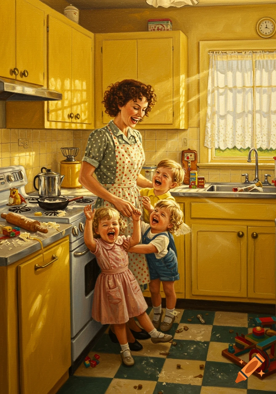 Oil painting of a mother and three laughing children playing in a messy 1950s yellow kitchen.