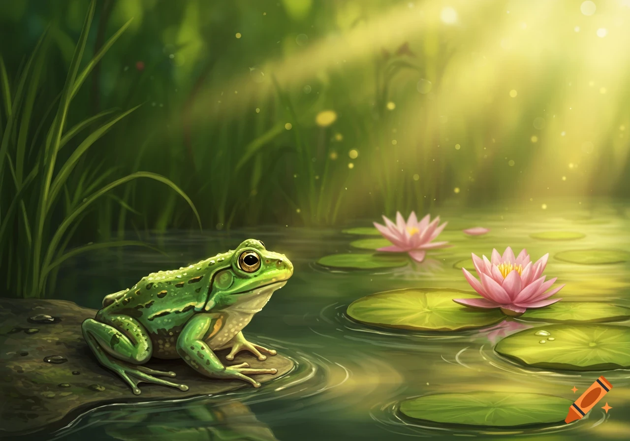 A vibrant green frog sits on a rock in a calm pond with pink lotus flowers and green lily pads under sunlit reeds.