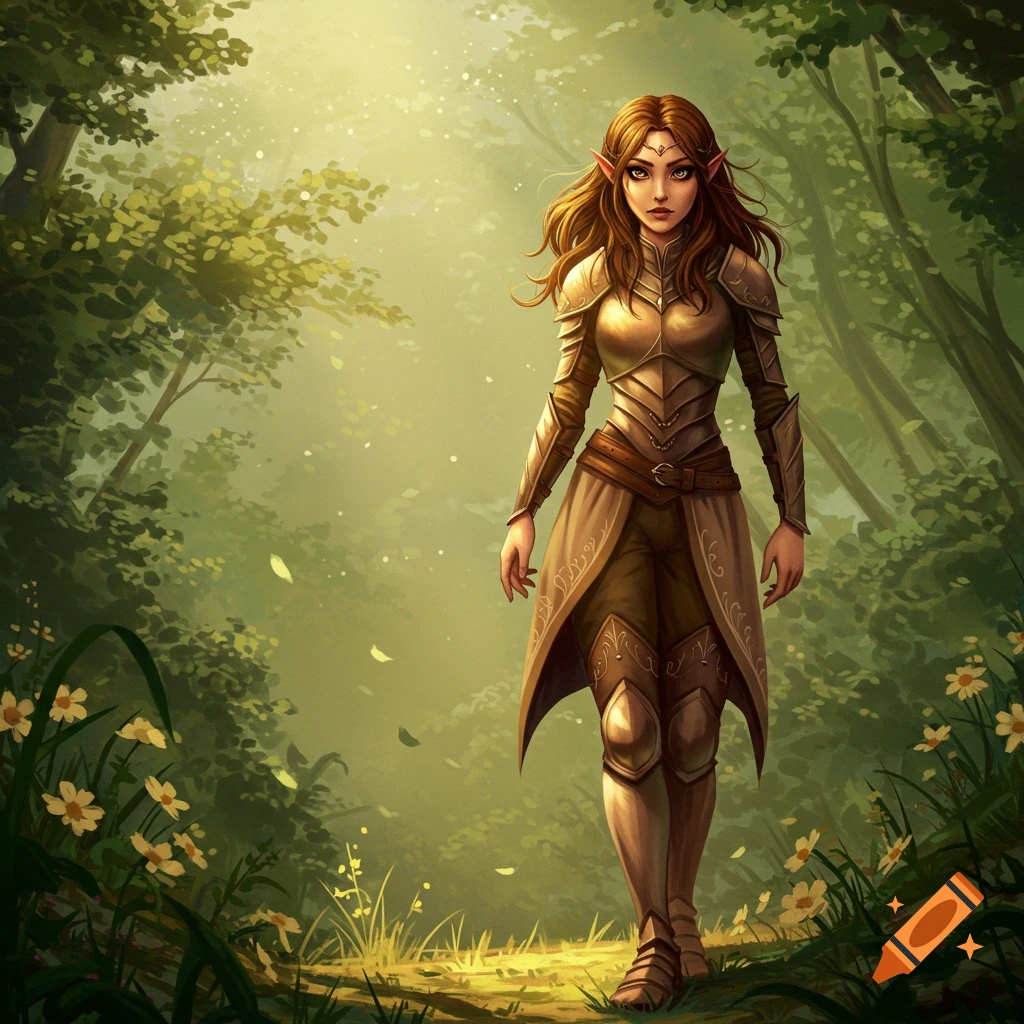 An armored elf girl with brown hair walks on a sunlit forest path in a detailed fantasy illustration.