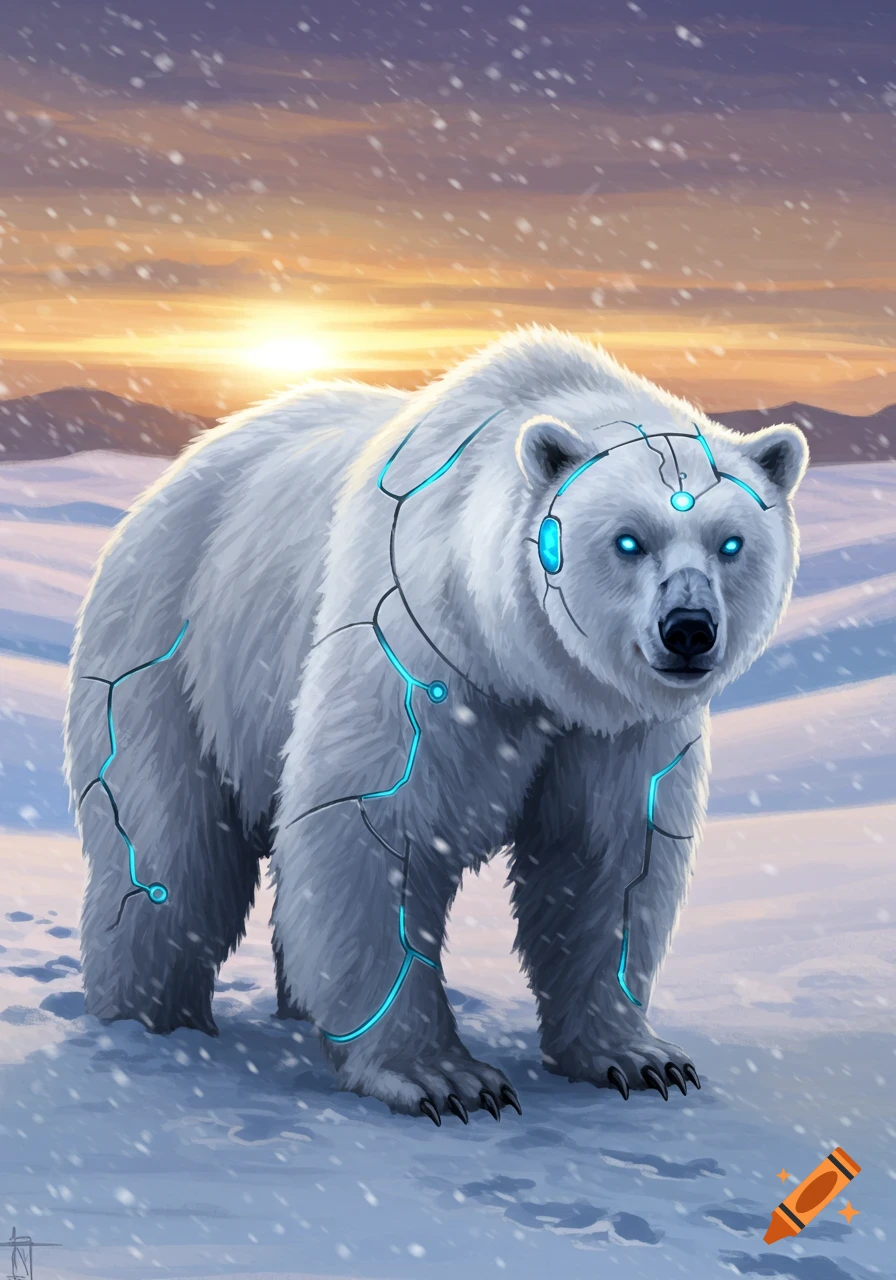 A white cybernetic polar bear with glowing blue tech lines stands in a snowy arctic landscape under a vibrant sunset.