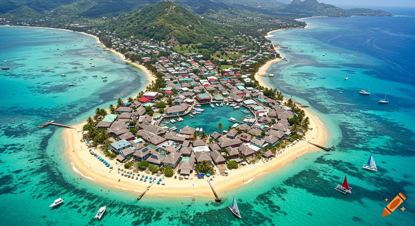 Aerial view of a vibrant horseshoe-shaped island community with colorful buildings, a central lagoon, turquoise waters, and distant mountains.