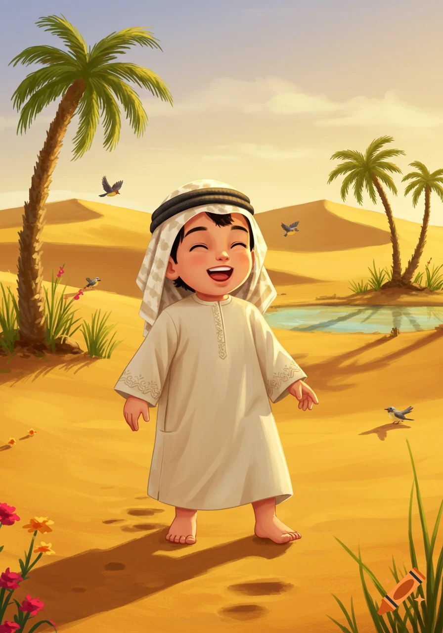 A cute, happy Arab boy in traditional clothing stands barefoot in a sunny desert landscape with palm trees, sand dunes, and a small pond.