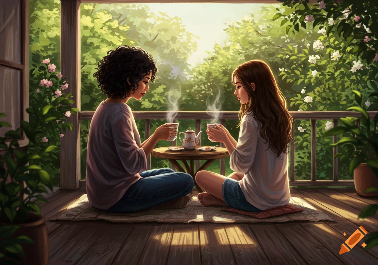 Two women sit cross-legged on a wooden porch, drinking tea surrounded by green plants and flowers in an illustrated style.
