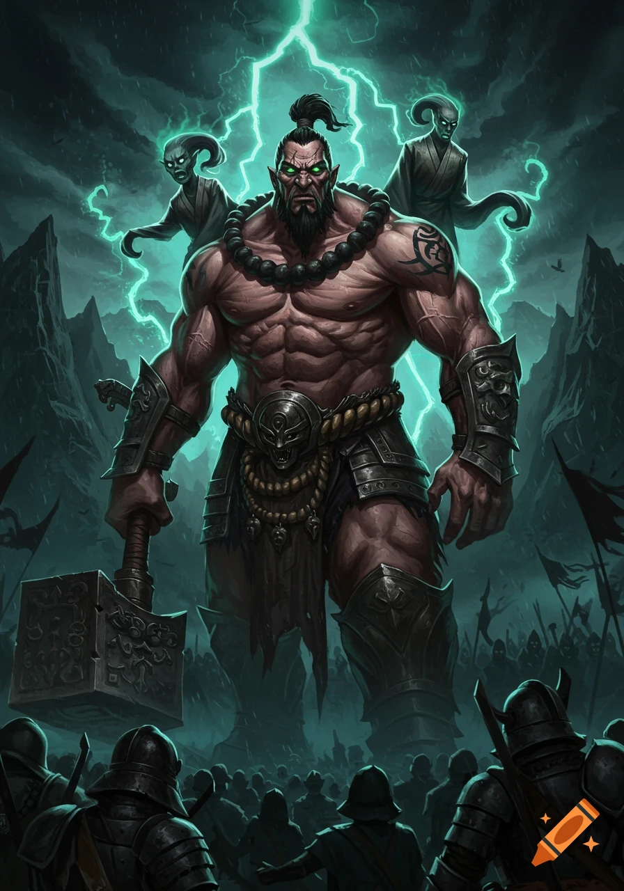 A massive, muscular warlord with green eyes and a hammer stands before an army under stormy green lightning.