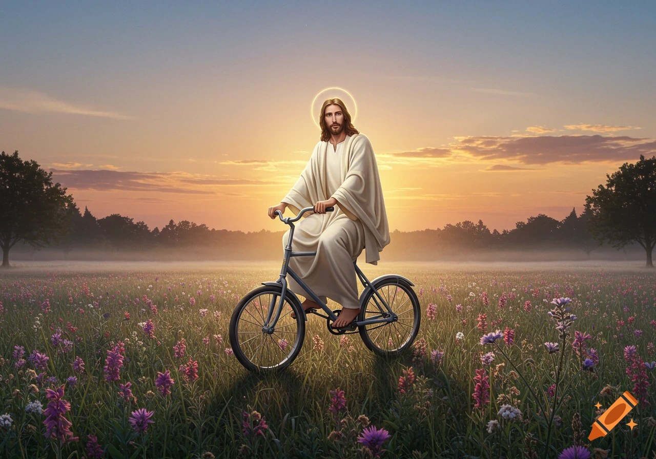 Photorealistic image of Jesus Christ riding a bicycle through a field of wildflowers at sunset.