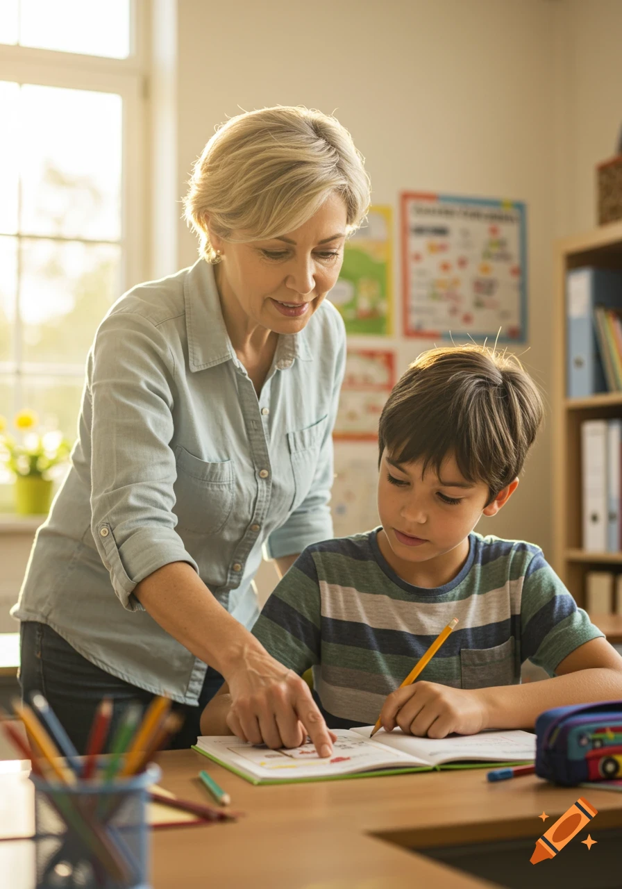 A female teacher leans over, pointing to a textbook as she helps a young boy with his schoolwork.