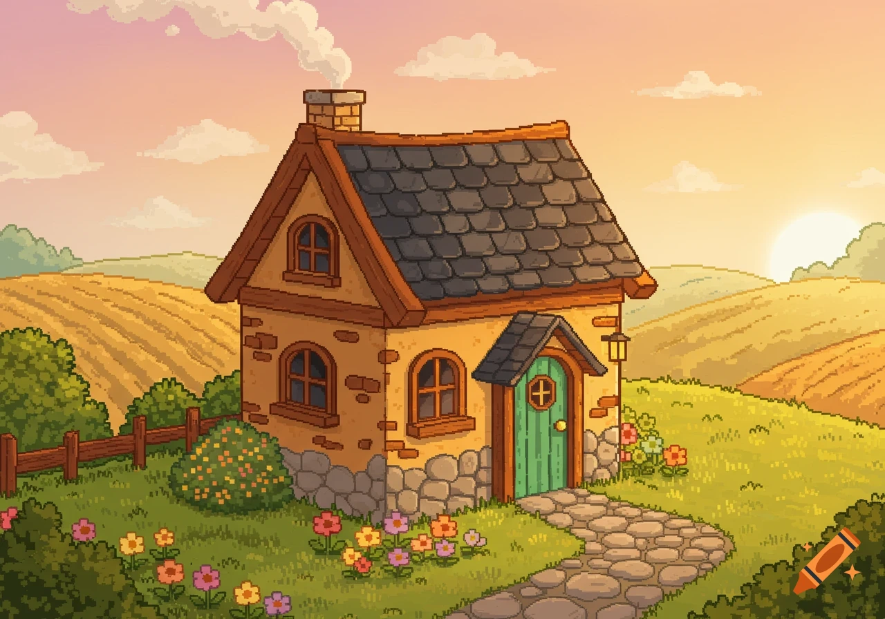 A pixel art depiction of a cozy cottage with a stone path, surrounded by flowers and fields under a sunset sky.