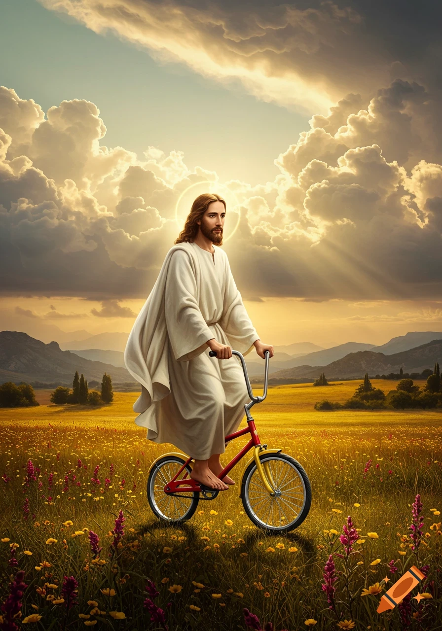 Jesus Christ in white robes riding a small red and yellow bicycle through a sunlit field of wildflowers under a dramatic, cloudy sky.