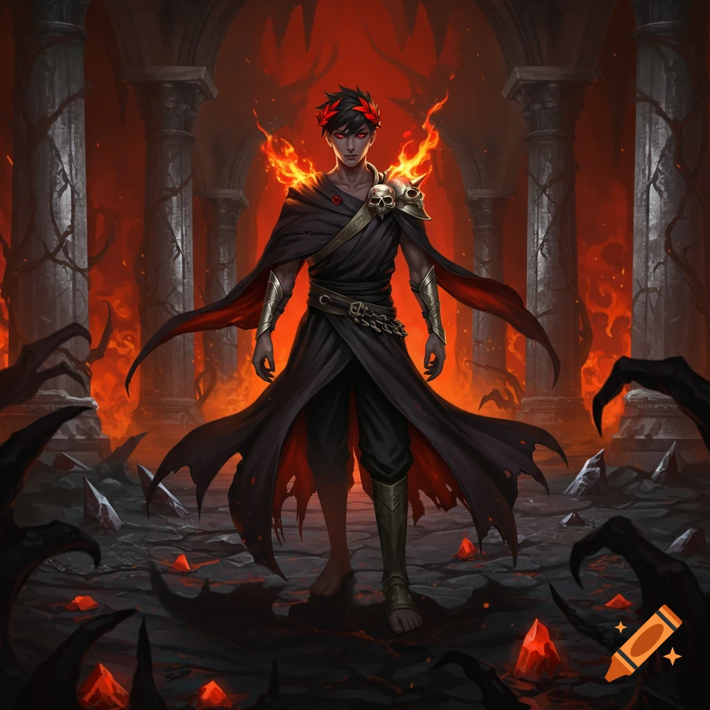 A dark fantasy digital painting of a red-eyed god with a fiery crown and black cloak, standing in a fiery underworld with pillars and crystals.