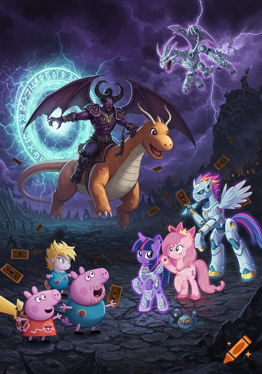 A demon riding a Dragonite battles armored My Little Pony characters and Peppa Pig family amidst lightning in a fantasy crossover scene.