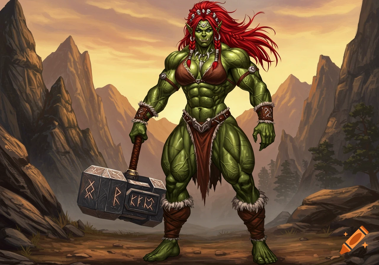 Muscular green-skinned female orc with red hair and braids, wearing a bra and loincloth, holds a large rune-engraved hammer in a mountainous sunset landscape. Fantasy art style.
