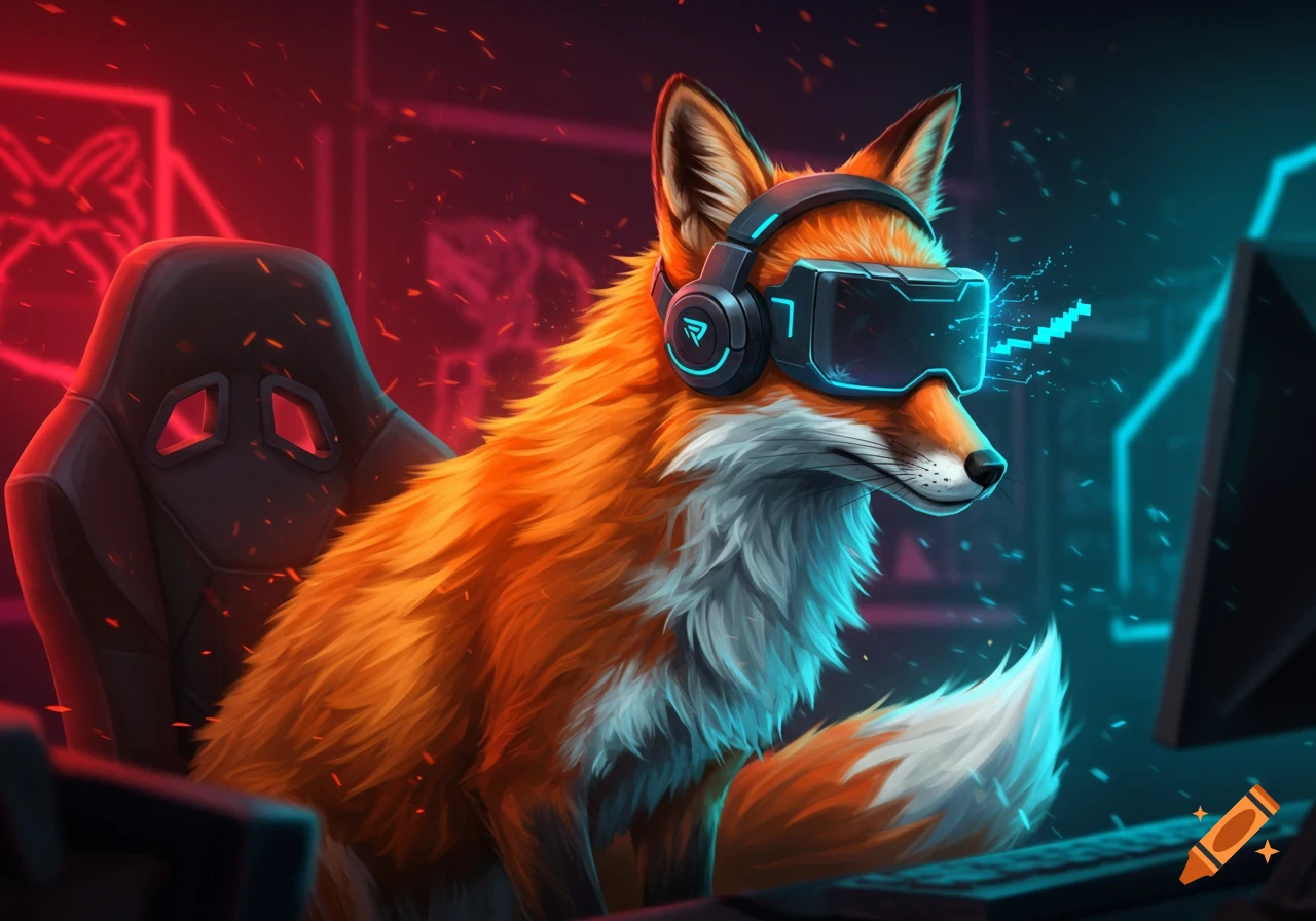 An orange and white fox wearing gaming headphones and a VR headset, sitting in a black gamer chair in a neon-lit room. Digital art style.