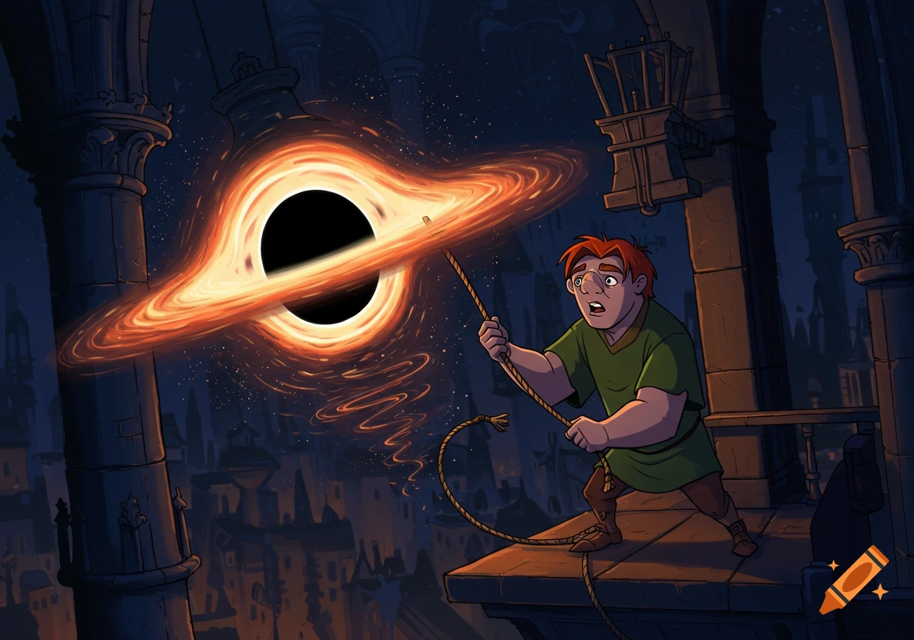 A cartoon Quasimodo pulls a rope attached to a glowing black hole, high up on a gothic building overlooking a city at night.