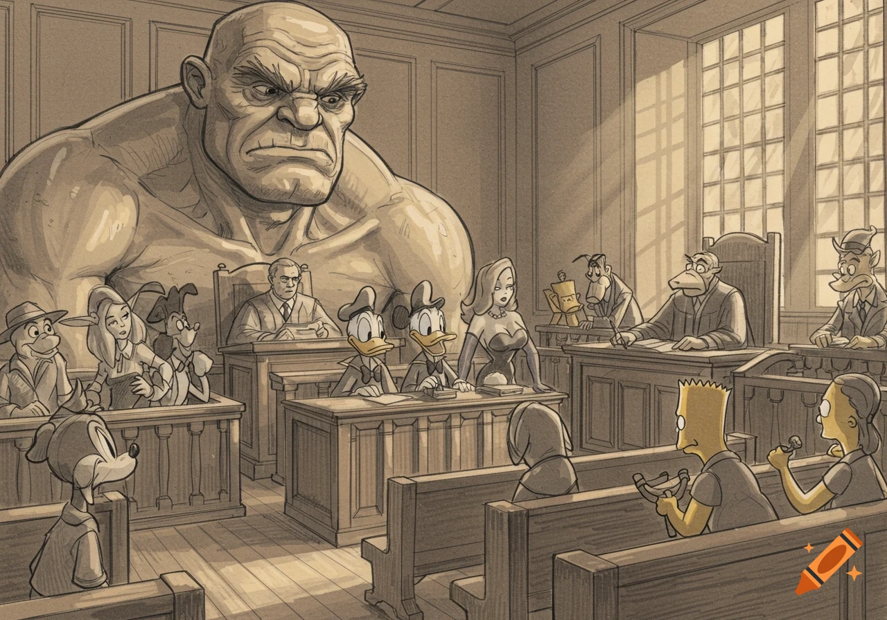 Sepia courtroom sketch with a giant looking down at a judge, surrounded by Mickey Mouse, Donald Duck, Jessica Rabbit, Bart, and Lisa Simpson.
