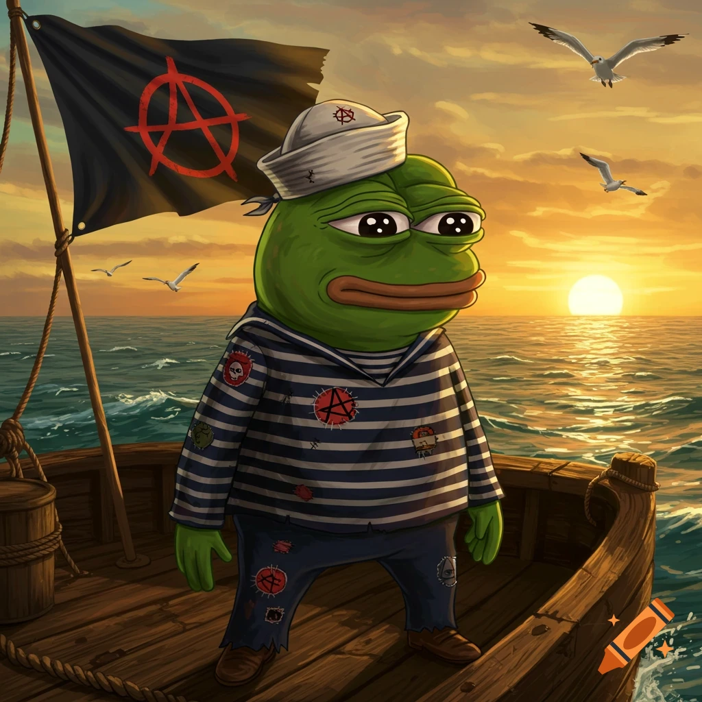 Pepe the frog as a sailor on a boat at sunset, with an anarchy flag and seagulls flying.