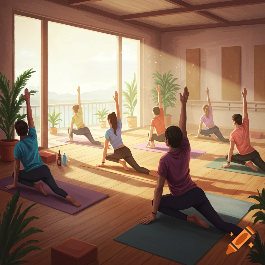 An illustrated scene of a group of people doing yoga in a bright studio with large windows overlooking a scenic view.