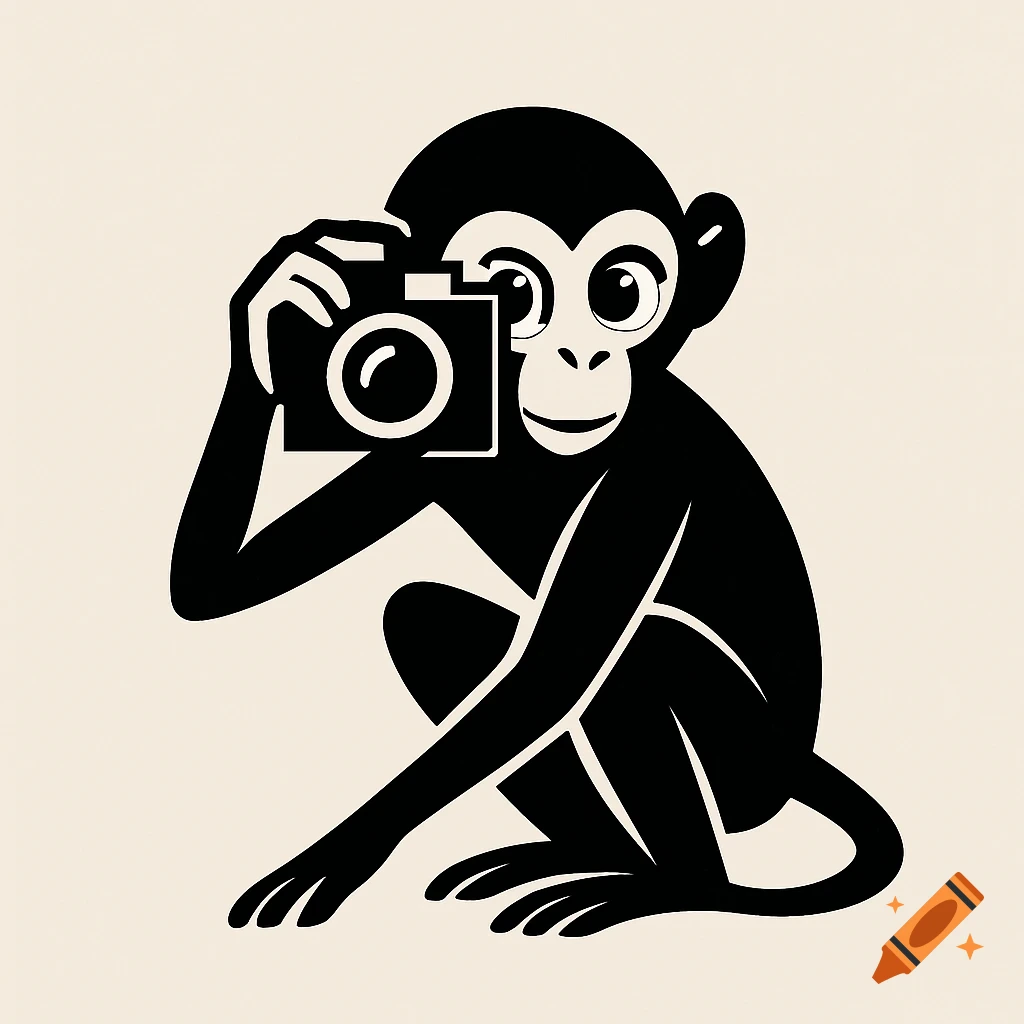 Stylized black and white illustration of a monkey crouching and holding a camera to its face.