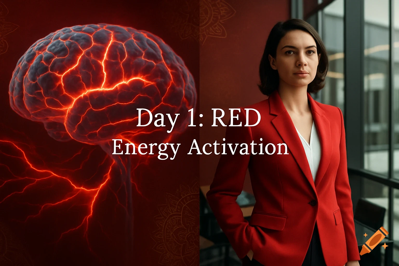 Split-screen image with a glowing red brain on the left, a confident woman in a red blazer in an office on the right, and text "Day 1: RED Energy Activation" in the center.