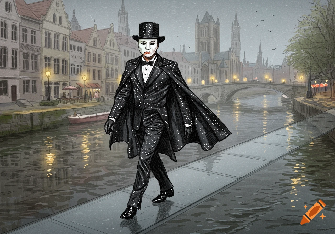 Illustrated masked magician in a dotted suit, cape, and top hat walks on a path by a canal with European buildings.