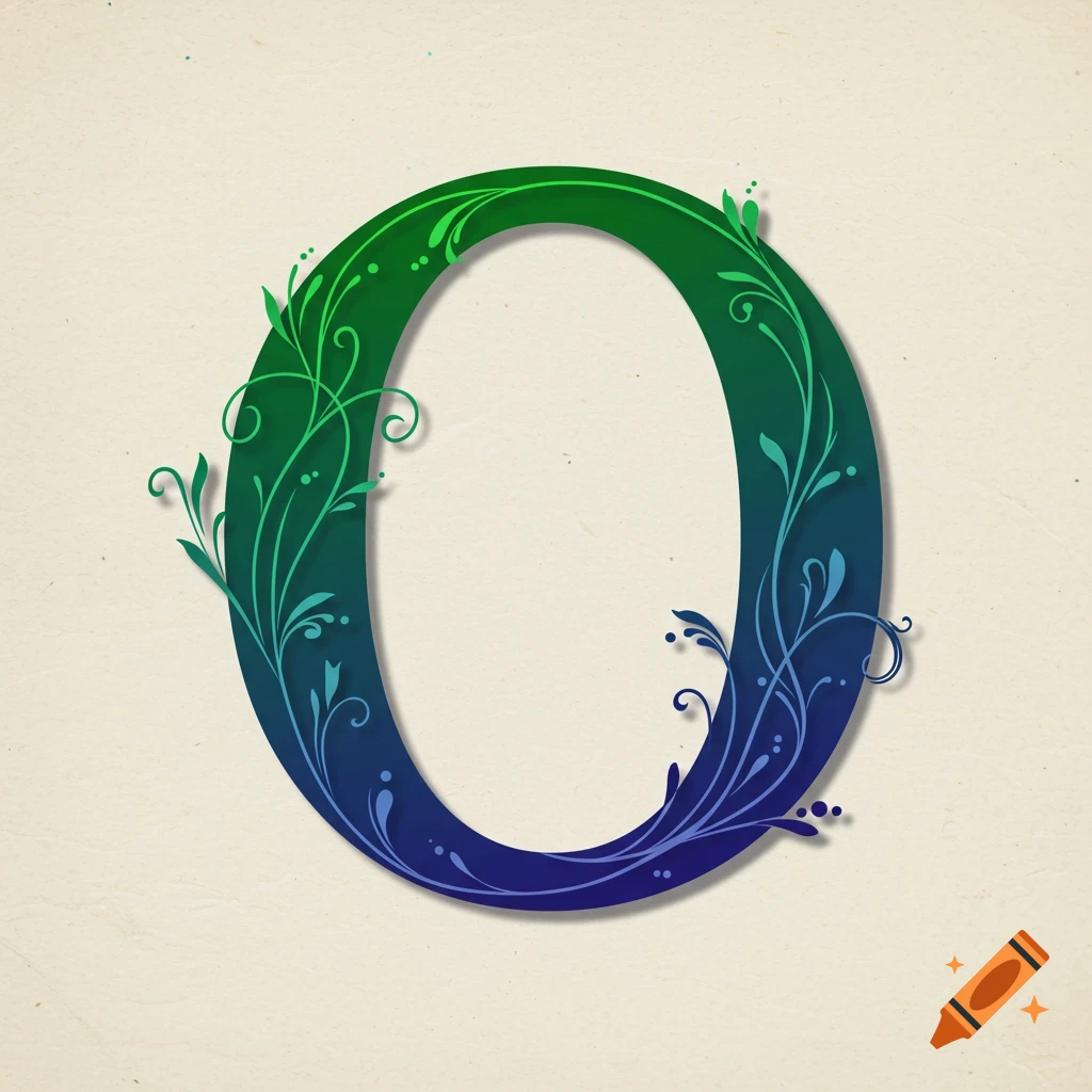 Stylized capital letter O in green and blue floral design on a textured cream background.