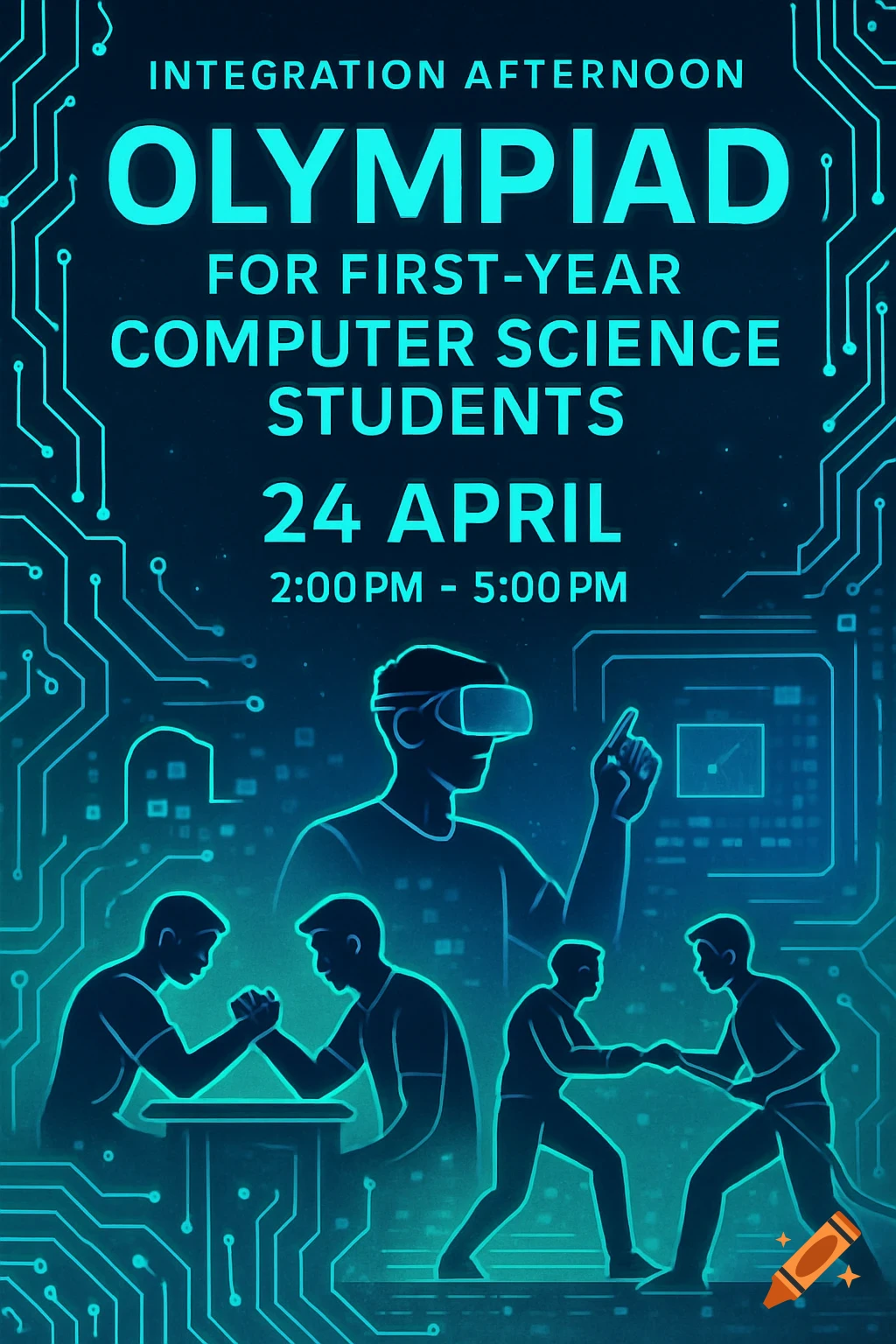 Digital poster for a 'Computer Science Olympiad' with teal silhouettes of students, circuit patterns, event details, and scenes of competition.