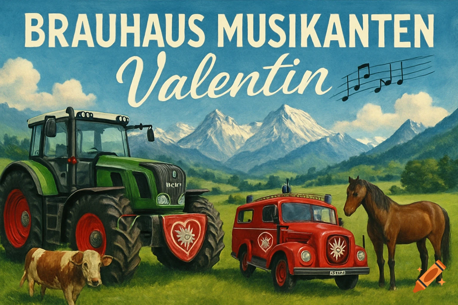 A colorful illustration of a green tractor and a red fire truck, with a cow and horse on a green meadow. Snow-capped mountains are in the background under a blue sky with music notes. Text reads "BRAUHAUS MUSIKANTEN Valentin".