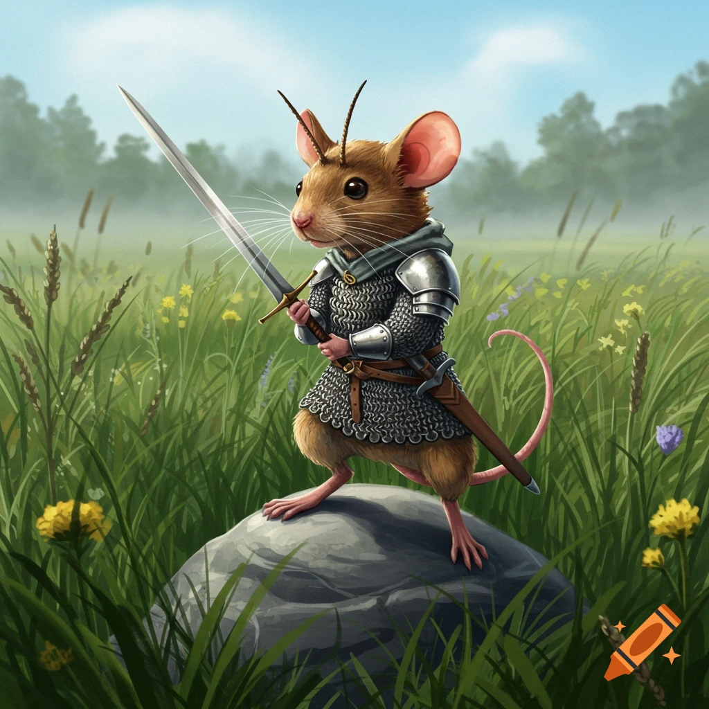 A detailed illustration of a mouse in chainmail armor standing on a rock in a grassy field, holding a long sword.