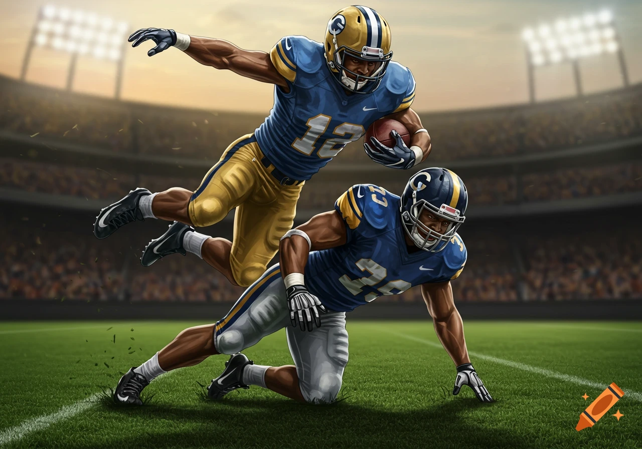 A stylized illustration of two American football players in action on a stadium field, one jumping over another.