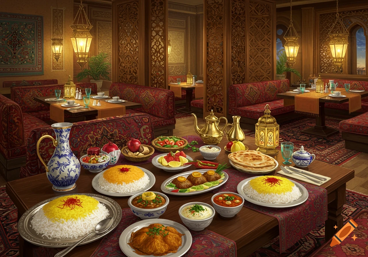 A lavish table in a Persian restaurant, filled with rice dishes, stews, flatbreads, and fruits. Ornate lanterns illuminate a detailed interior.