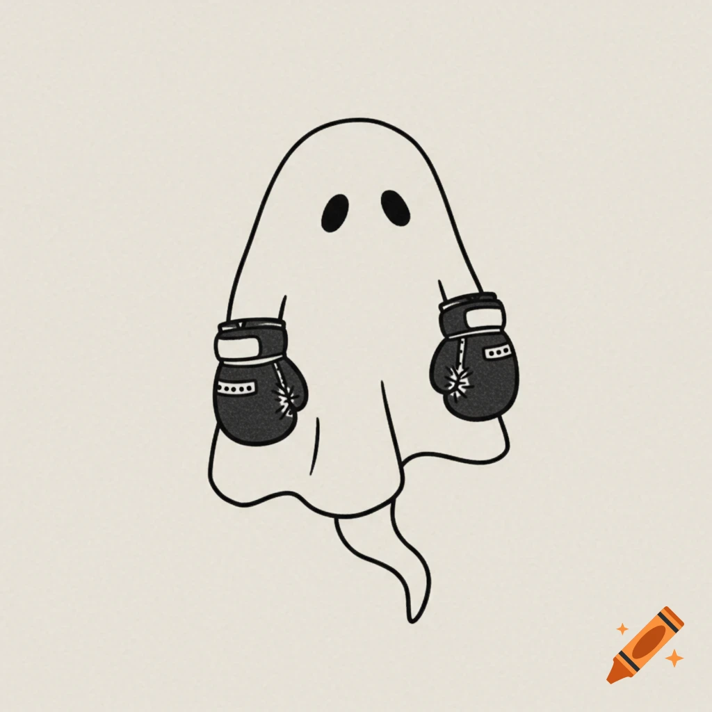 A simple line art illustration of a ghost wearing boxing gloves.