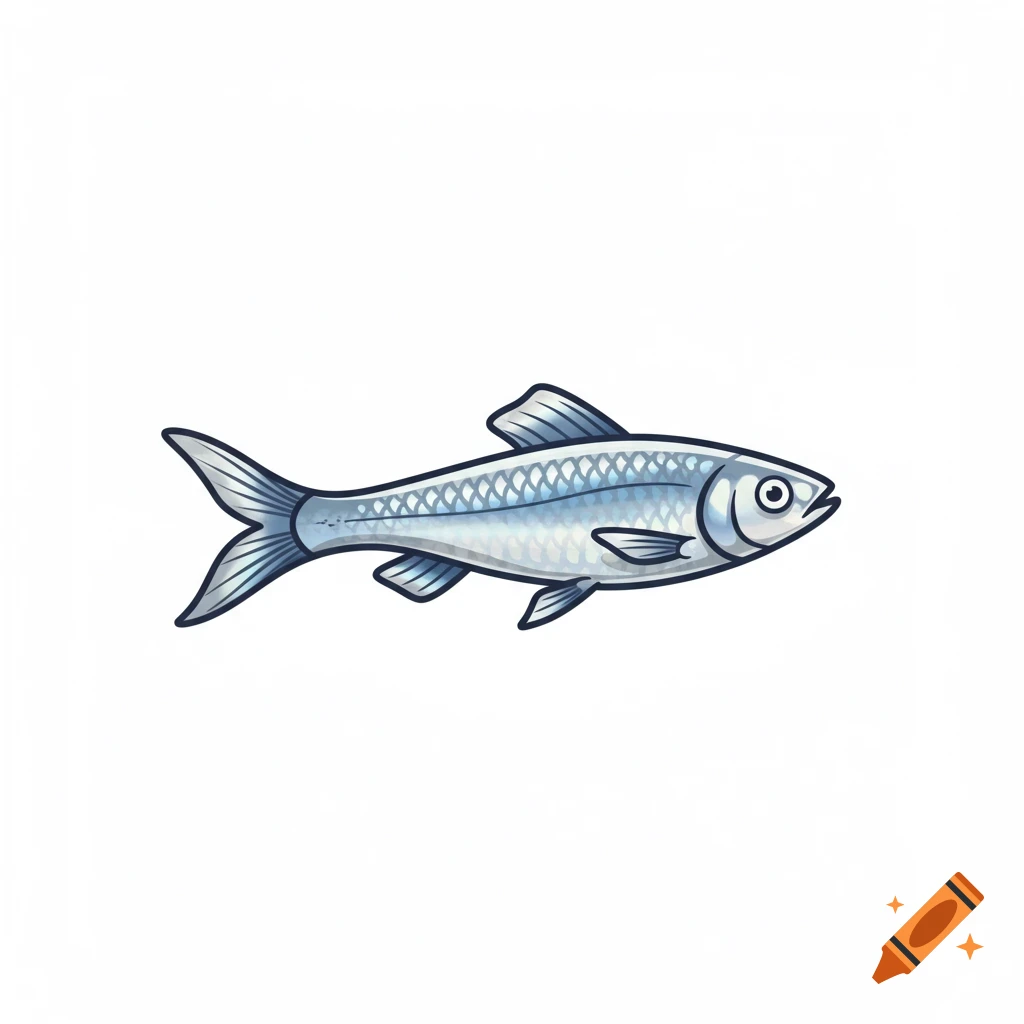 Stylized illustration of a small silver fish with prominent fins and scales, facing right on a white background.