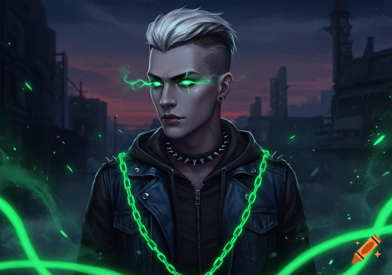 A male character with white quiff hair, glowing green eyes, and gothic clothing including a spiked collar and green chains, against a dark city background.