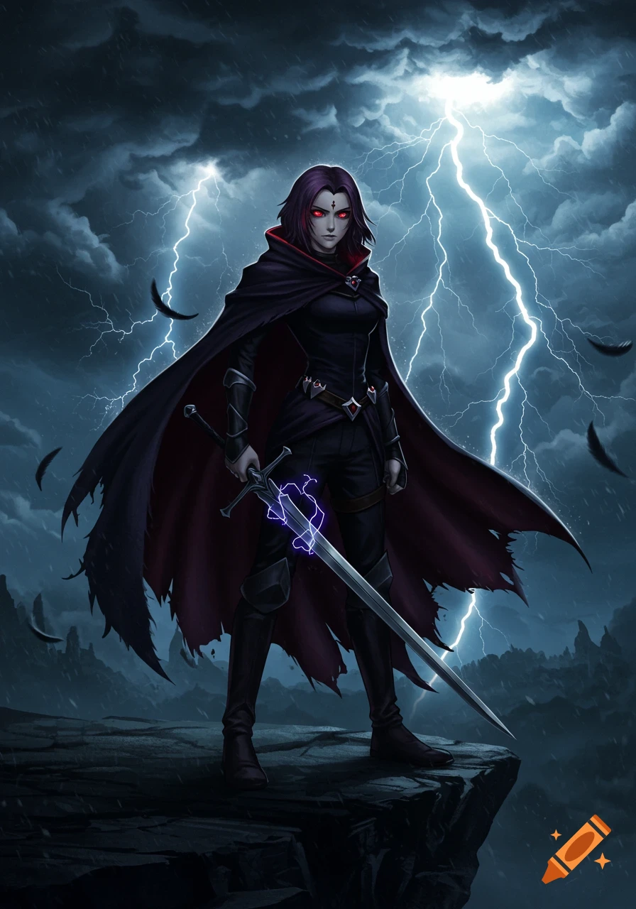A dark-clad female warrior with red eyes and a cape stands defiantly with a glowing sword on a cliff under a stormy, lightning-filled sky.