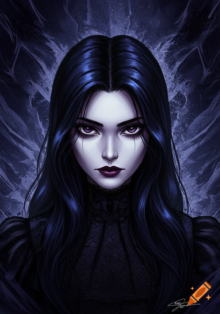 A gothic portrait of a woman with long dark hair, purple eyes, and dark lipstick, wearing a black lace dress.