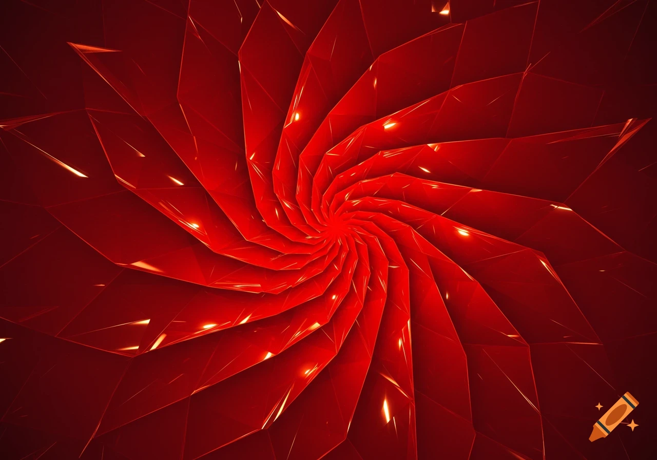Vibrant red abstract geometric pattern with faceted shapes spiraling inward and reflections.