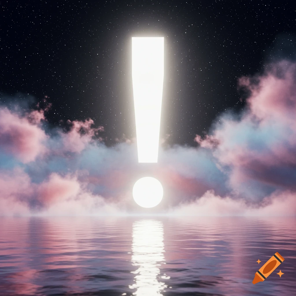 A glowing white exclamation mark rises from calm water under pink clouds and a starry night sky.