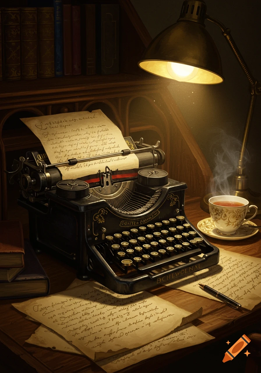 A close-up of a vintage black manual typewriter on a wooden desk, with paper loaded and additional handwritten pages scattered around. A lit desk lamp casts a warm glow, illuminating a steaming cup of tea and books in the background. The scene has a nostalgic, cozy atmosphere.