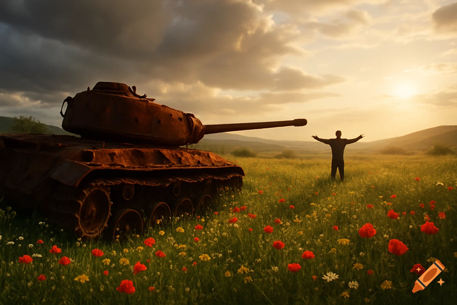 A silhouetted person stands in a vibrant poppy and wildflower field next to a rusty tank under a dramatic sunset sky. Photorealistic.