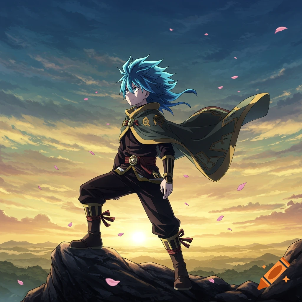 An anime character with spiky blue hair and a green cape stands on a rock, looking at the sunset over mountains, with pink petals falling.