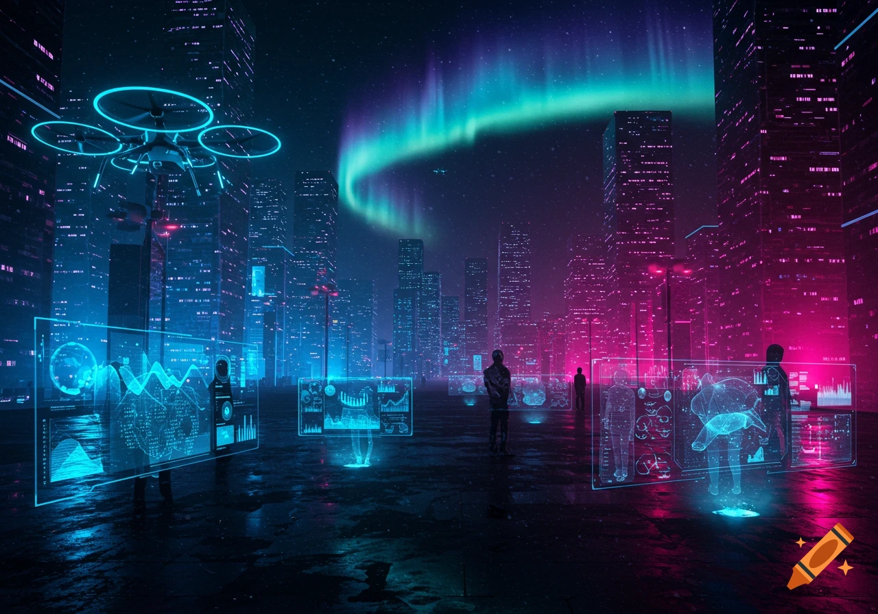Futuristic cityscape at night with neon blue and pink lights, holographic data displays, a drone, and aurora borealis in the sky.