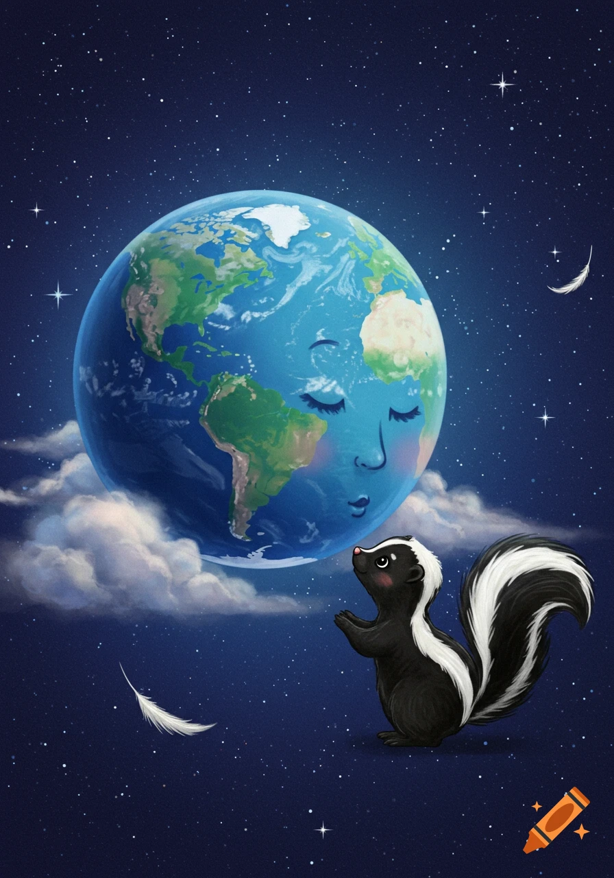 A cute cartoon Earth with closed eyes and puckered lips looks down at a small skunk in a starry night sky.
