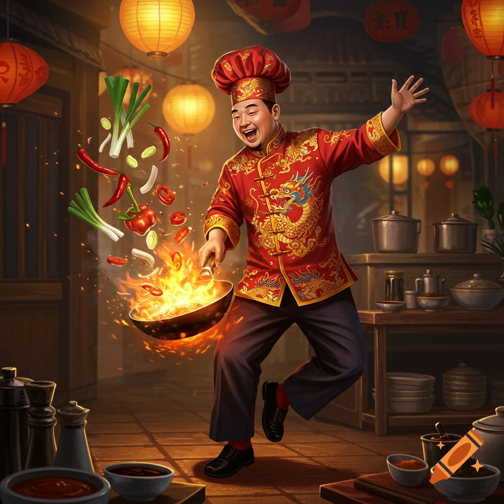 A joyful Chinese chef in a red dragon-embroidered uniform dances while stir-frying vegetables with fire in a wok, in a warmly lit restaurant.