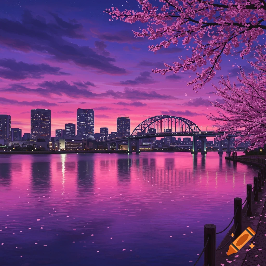 Vibrant anime cityscape at dusk with a purple-pink sky, bridge, and cherry blossoms overlooking a reflective river.