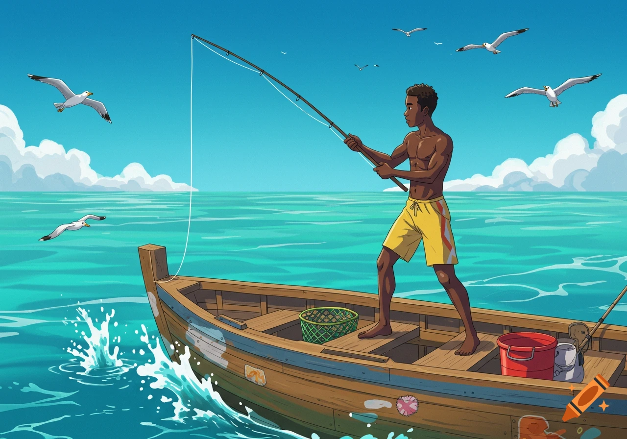 Cartoon illustration of a shirtless man in yellow shorts fishing from a wooden boat in the turquoise sea, with seagulls flying above.